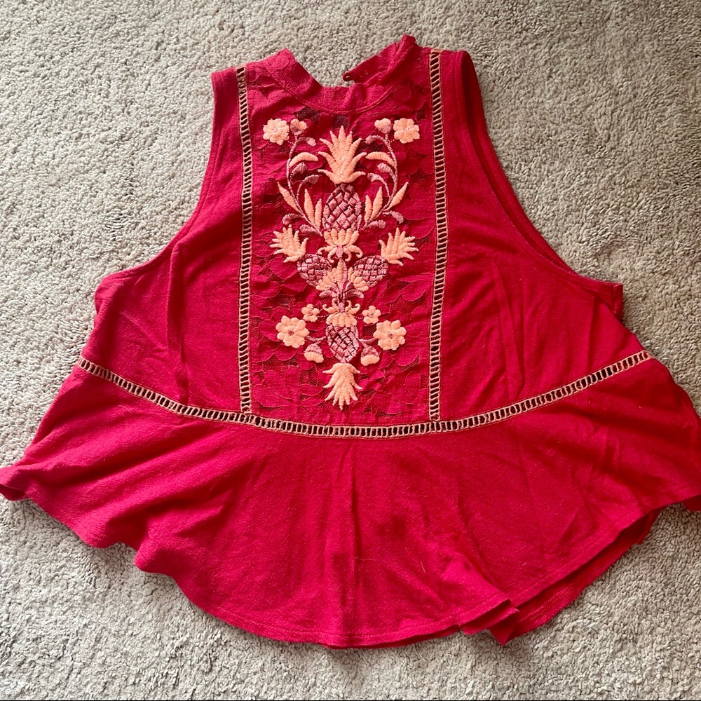 Free People Flora Embroidered Pineapple Crop Tank